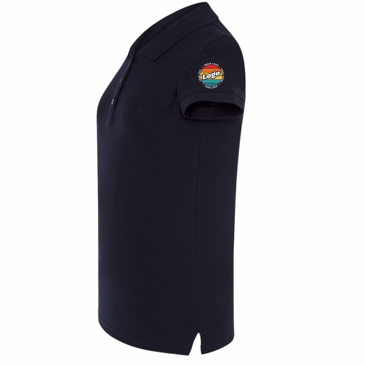 Koszulka polo damska granatowa krótki rękaw z własnym nadrukiem kreator online lewy bok.jpg