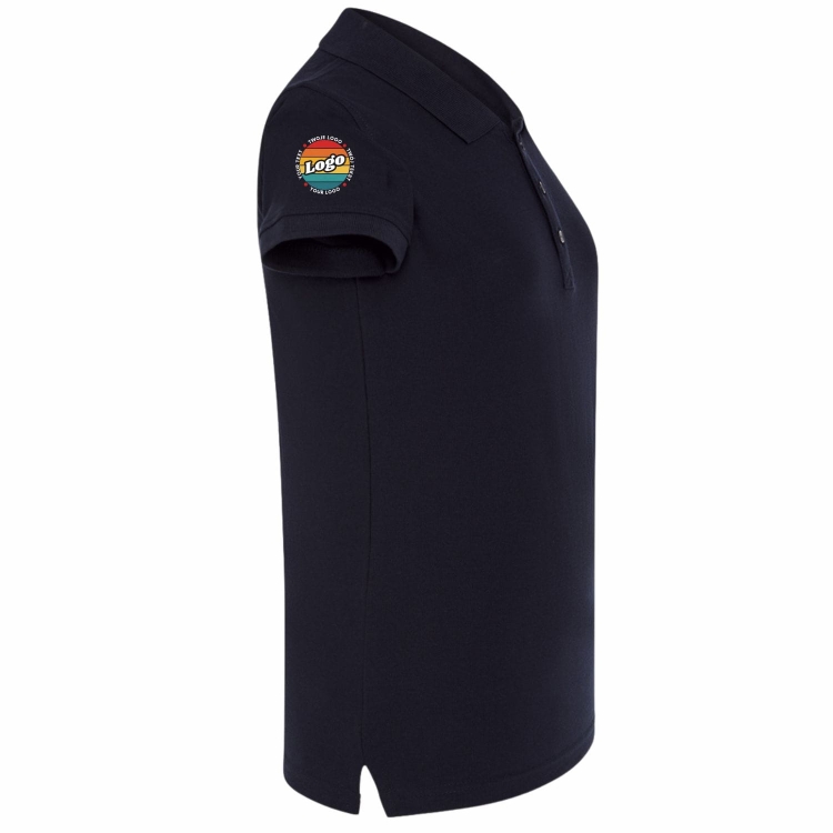 Koszulka polo damska granatowa krótki rękaw z własnym nadrukiem kreator online prawy bok.jpg