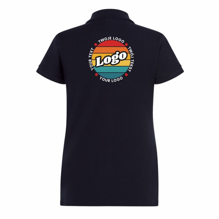 Koszulka polo damska granatowa krótki rękaw z własnym nadrukiem kreator online tył.jpg