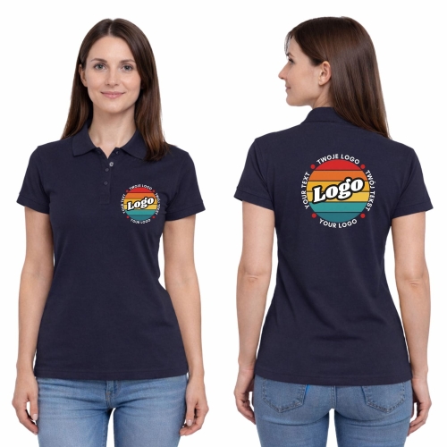 Koszulka polo damska granatowa krótki rękaw z własnym nadrukiem kreator online.jpg
