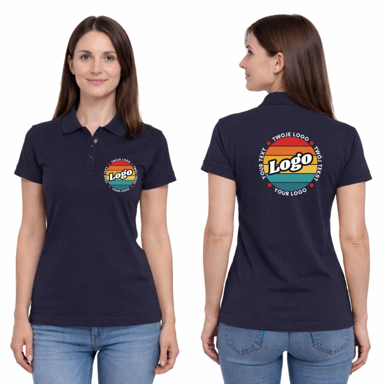 Koszulka polo damska granatowa krótki rękaw z własnym nadrukiem kreator online.jpg