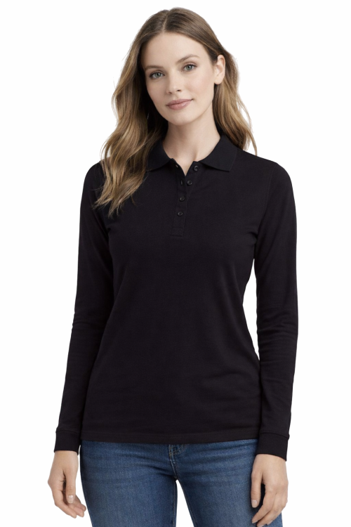 Koszulka polo damska długi rękaw czarna przód.png