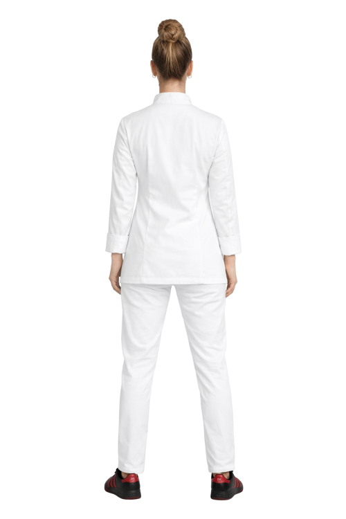 Komplet kucharski biały  damski z bluzą zapinaną na napy i spodniami