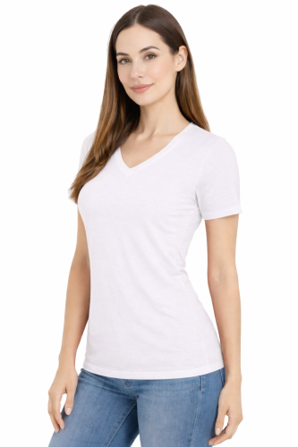 Koszulka z krótkim rękawem damska dekolt w serek kolor biały widok z boku.png