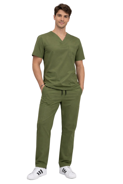 Komplet męski medyczny oliwka BASIC PREMIUM widok z przodu.png