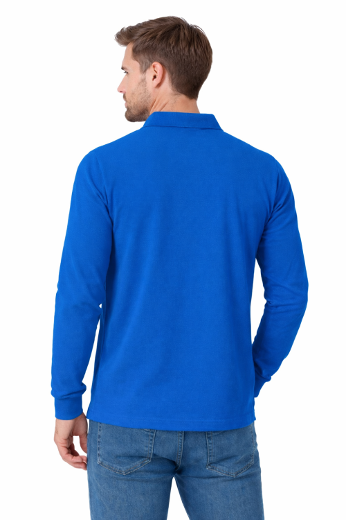 Koszulka polo męska z długim rekawem chabrowa widok z tyłu.png