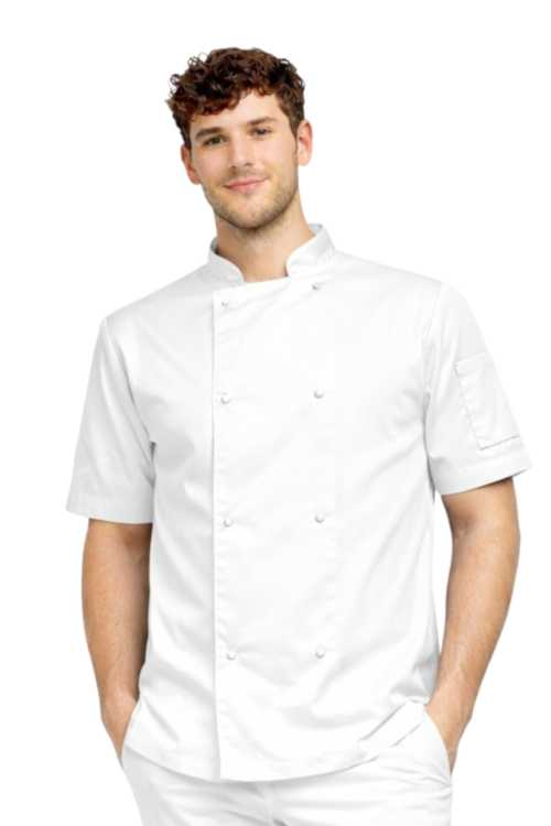Biała bluza kucharska z krótkim rękawem zapinana na napy