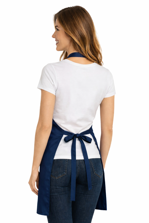 Fartuszek fryzjerski z kieszonkami wodoodporny z karczkiem i klamra do regulacji kolor granatowy widok z tyłu.png