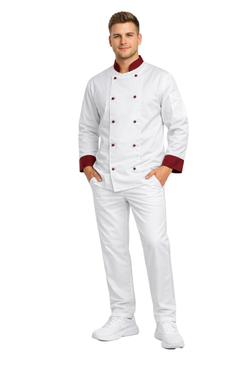 Profesjonalny zestaw szefa kuchni  biały z bordowymi wstawkami