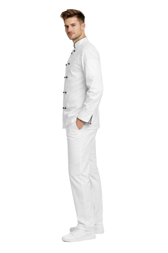 Profesjonalny zestaw szefa kuchni biały z lamówką – długi rękaw