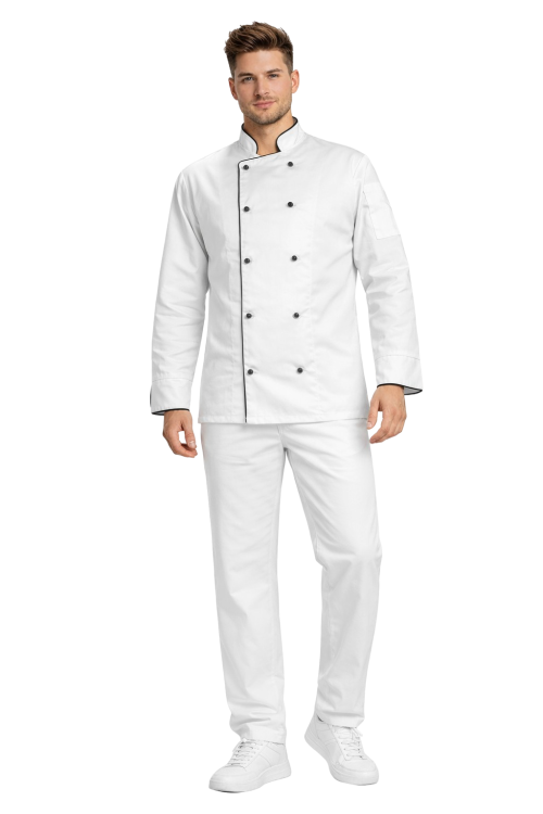 Profesjonalny zestaw szefa kuchni – mundur kucharza ,biała bluza z lamówką