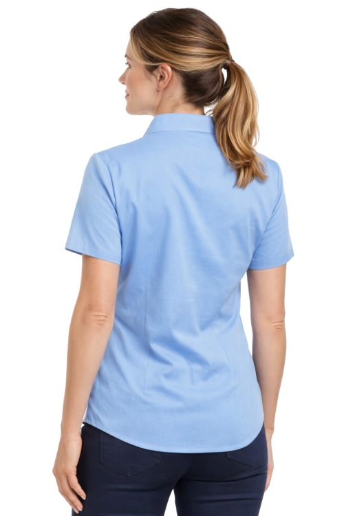 Koszula damska krótki rękaw zapinana na guziki niebieska widok z tyłu.png