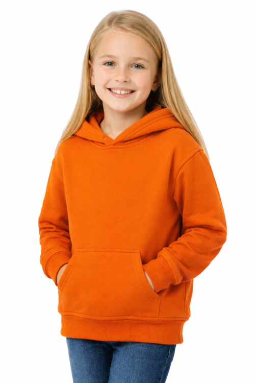 Bluza sportowa z kapturem i długim rękawem dziecięca dla chłopca i dziewczynki pomarańczowa widok dziewczynki.png