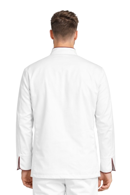 Kitel gastronomiczny męski biały z bordową lamówką   z długim rękawem