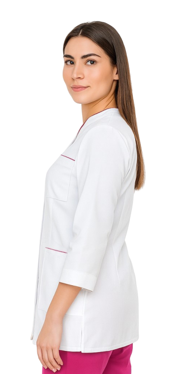 Damski żakiet medyczny biały z amarantową lamówką