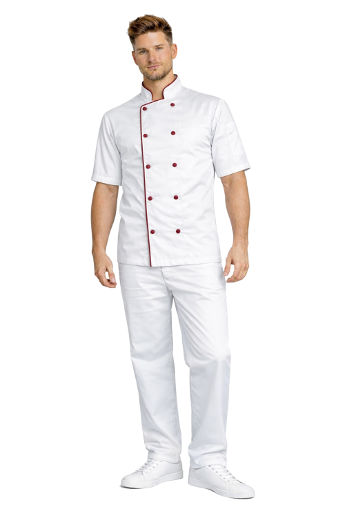 Zestaw dla kucharza – profesjonalny uniform gastronomiczny biały z bordową lamówką