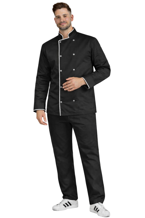 Zestaw dla kucharza – czarny z lamówką białą ,zapinany na napy,długi rękaw