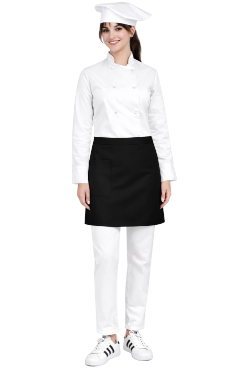 Damski zestaw kucharski biały , kompletny uniform kucharski,zapaska czarna