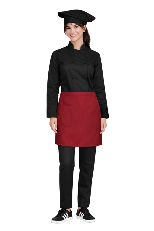 Kompletny uniform kucharski, damski zestaw kucharski długi rękaw ,bordowa zapska