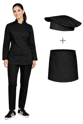 Damski czarny  zestaw kucharski, kompletny uniform kucharski zapinany na guziki