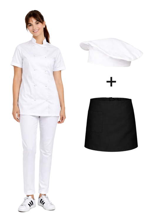 Kompletny zestaw kucharski biały , damski uniform kucharski ,zapinany na guziki ,zapaska czarna