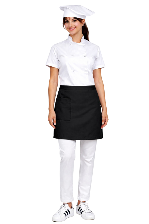 Zestaw kucharski damski biały z krótkim rękawem zapaską czarna , uniform kucharski kompletny