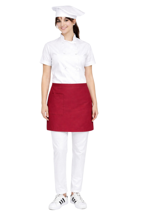 Zestaw kucharski damski biały z krótkim rękawem zapaską bordową  , uniform kucharski kompletny.png