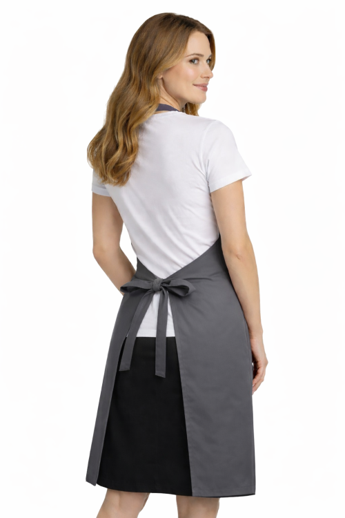 Profesjonalny fartuch gastronomiczny z kieszenią boczną regulowaną klamrą z karczkiem kolor szary widok z tyłu.png