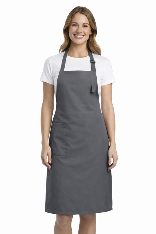 Profesjonalny fartuch gastronomiczny z kieszenią boczną regulowaną klamrą z karczkiem kolor szary.png