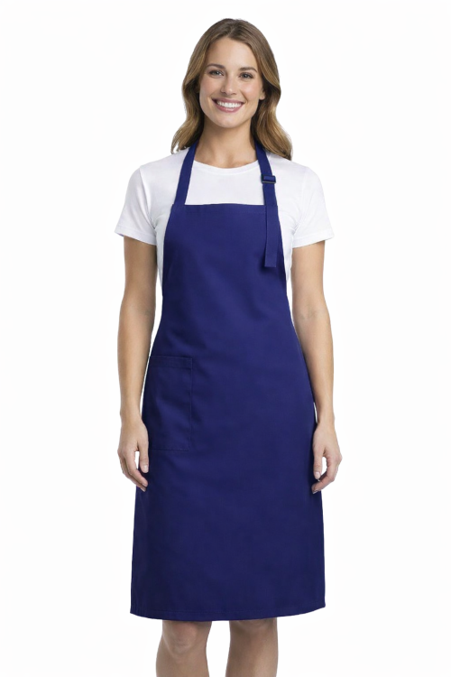 Profesjonalny fartuch gastronomiczny z kieszenią boczną regulowaną klamrą z karczkiem kolor granatowy.png
