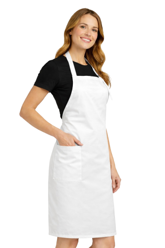 Profesjonalny fartuch gastronomiczny z kieszenią boczną regulowaną klamrą z karczkiem kolor biała widok z boku.png