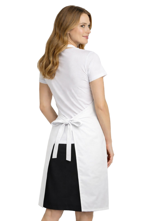 Profesjonalny fartuch gastronomiczny z kieszenią boczną regulowaną klamrą z karczkiem kolor biały widok z tyłu.png