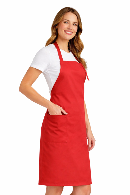 Profesjonalny fartuch gastronomiczny z kieszenią boczną regulowaną klamrą z karczkiem kolor czerwona widok z boku.png