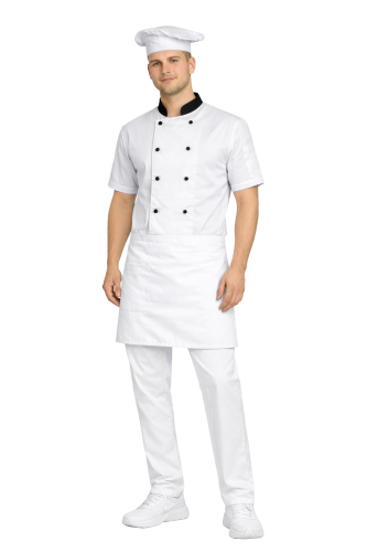 Zestaw kucharza z krótkim rękawem – uniform biały  z czarnymi wstawkami  i białą zapaską
