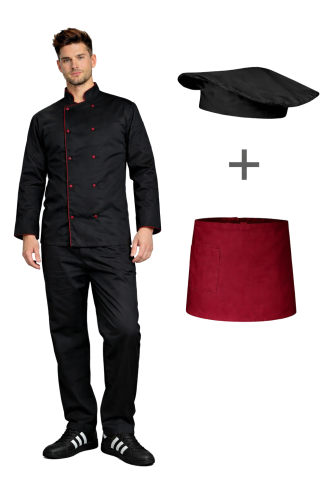 Zestaw gastronomiczny dla szefa kuchni,ucznia czarny  z bordową  lamówką i bordową zapaską
