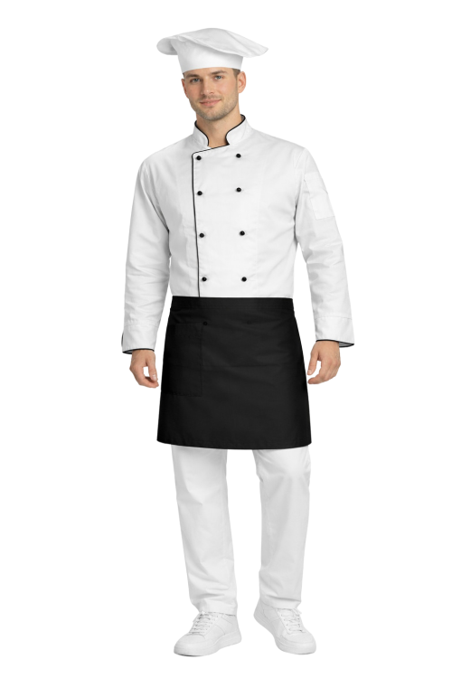 Gastronomiczny zestaw kucharza – uniform szkolny biały z czarną lamówką i czarną zapaską