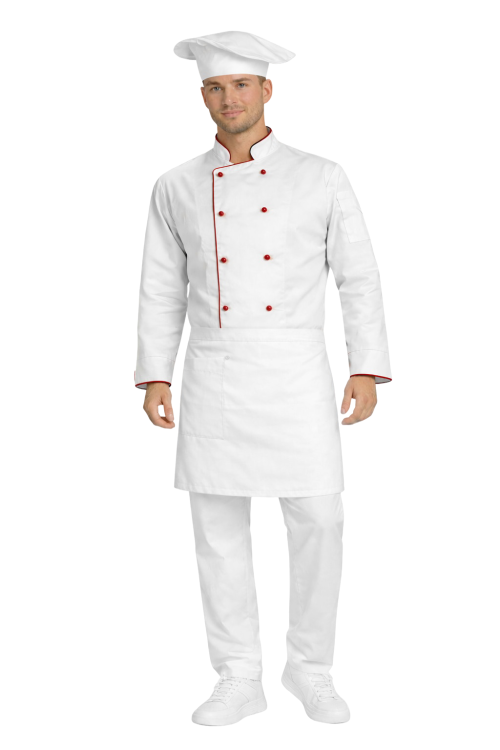 Gastronomiczny zestaw kucharza – uniform szkolny biały z bordową  lamówką i białą    zapaską.png