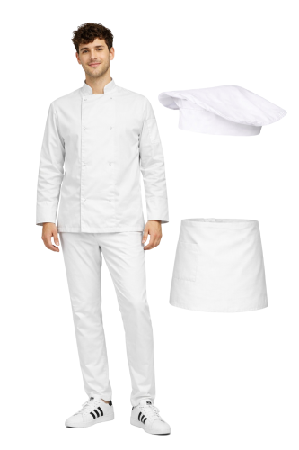 Profesjonalny uniform gastronomiczny – zestaw dla kucharza zapinany na napy ,kolor biały
