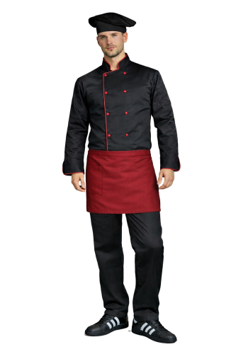 Gastronomiczny zestaw kucharza z długim rękawem  – uniform szkolny czarny  z bordową  lamówką i bordową zapaską
