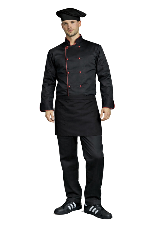 Gastronomiczny zestaw kucharza z długim rękawem  – uniform szkolny czarny  z bordową  lamówką i czarną    zapaską.png