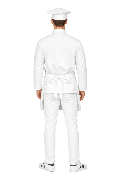 Zestaw kucharza męski   z długim rękawem– uniform szkolny biały z białą czapką oraz białym  fartuszkiem