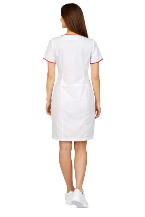 Sukienka medyczna kosmetyczna na suwak kolor biały  z różową  lamówką krótki rękaw
