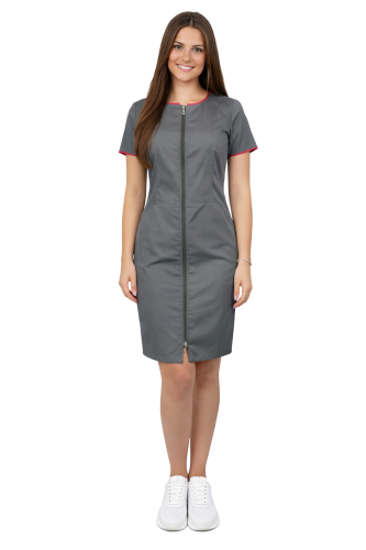 Sukienka medyczna kosmetyczna szara z lamówką amarant