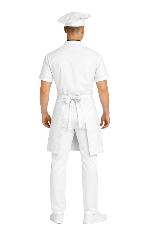 Zestaw kucharza  z krótkim  rękawem– uniform szkolny biały z czarną  lamówką i białą   zapaską.png