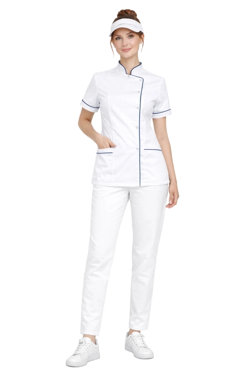 zestaw kucharski w kolorze białym na napy z granatową  lamówką krótki rękaw.png