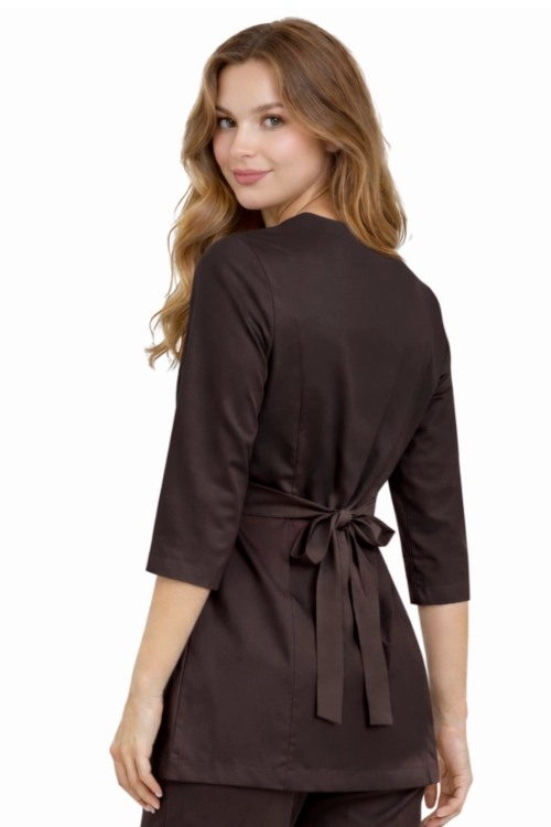 Damska tunika  kopertówka medyczna czekoloadowa  3/4 rękaw BASIC PREMIUM