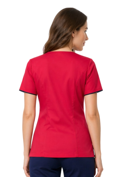 Kosmetyczny żakiet amarantowy z granatową lamówką