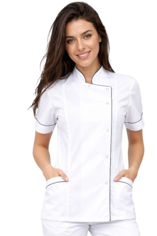 Żakiet medyczny biały  z granatową lamówką krótki rękaw