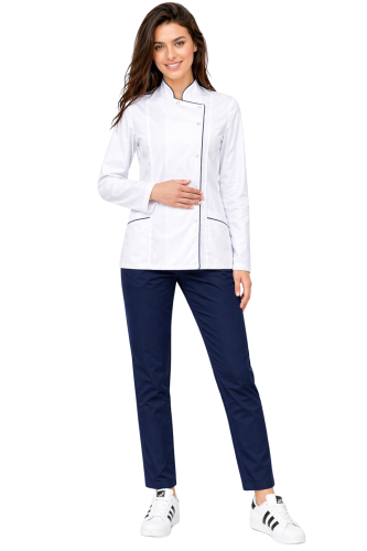 Komplet MEDICAL BEAUTY medyczny bluza biała z granatową lamówką długi rekaw   igranatowe spodnie  cygaretki