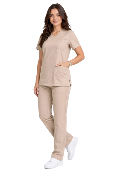 Naisten klassinen yksinkertainen leikkaus lääketieteellinen setti beige - scrubs CASUAL PREMIUM